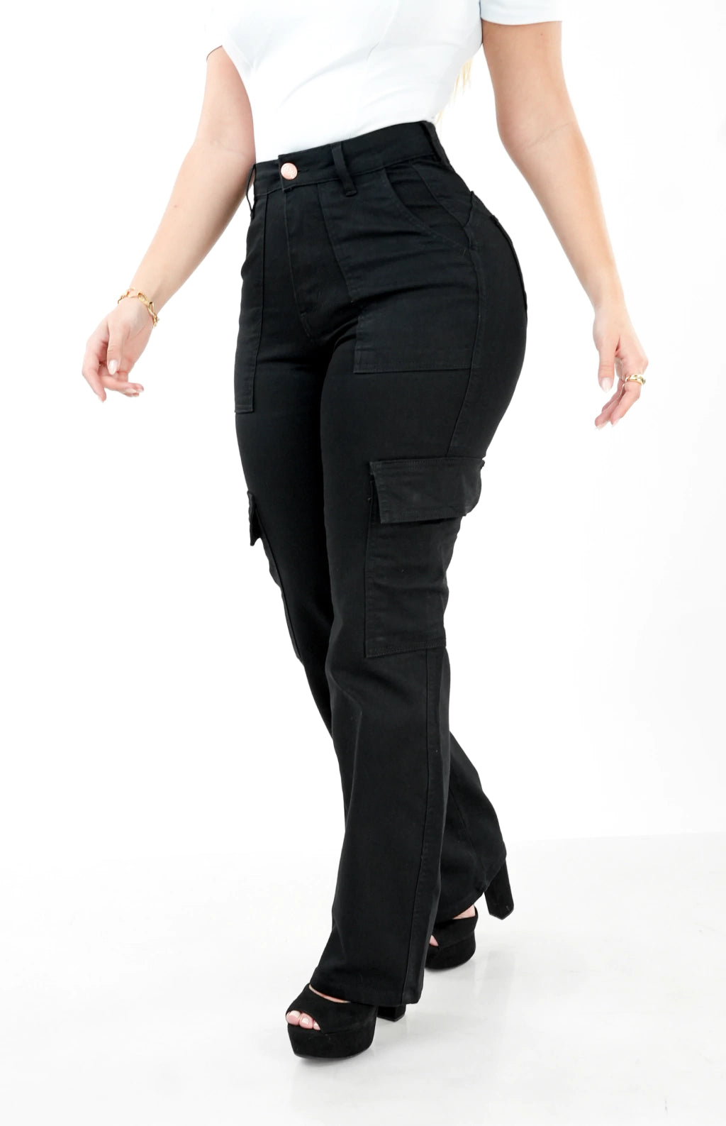 CALÇA JEANS FEMININA - WIDE LEG CARGO BLACK