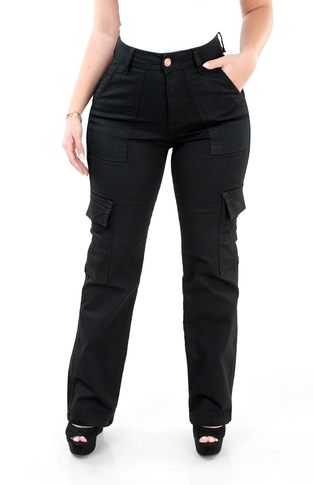 CALÇA JEANS FEMININA - WIDE LEG CARGO BLACK