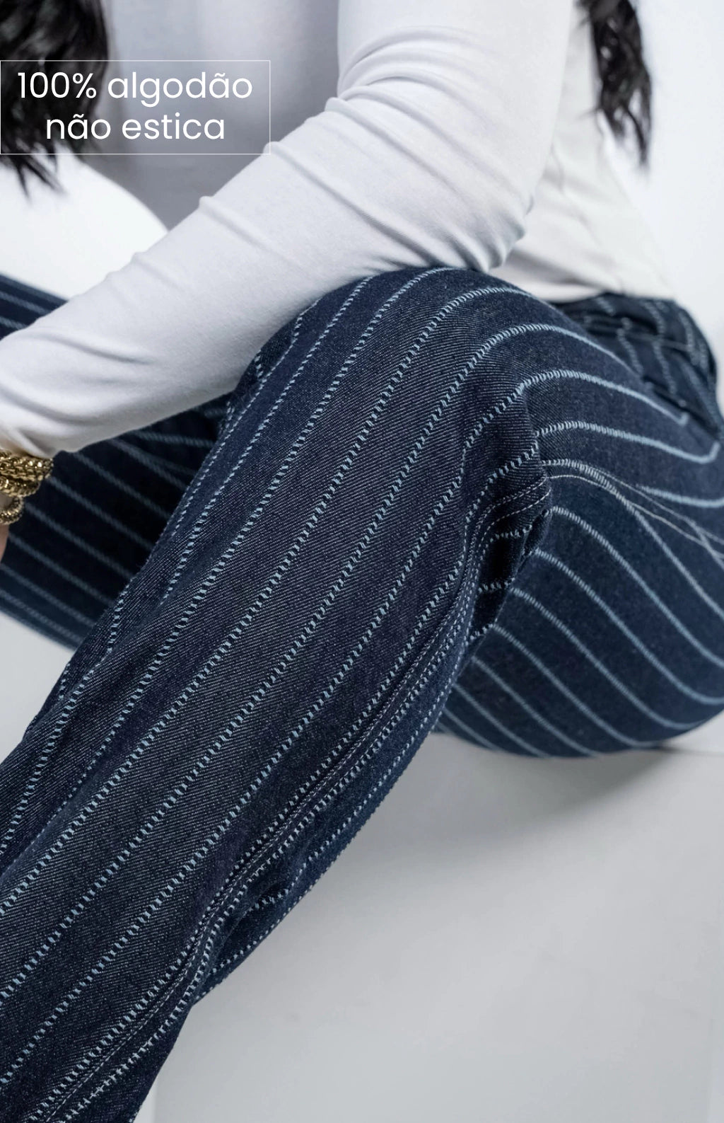 CALÇA JEANS FEMININA - RETA RISCA DE GIZ 100% ALGODÃO